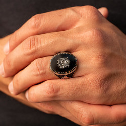 Silver Ottoman Crest Mens Ring with Black Onyx Stonework - 5