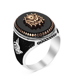 Silver Ottoman Crest Mens Ring with Black Onyx Stonework - 1