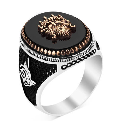 Silver Ottoman Crest Mens Ring with Black Onyx Stonework - 2