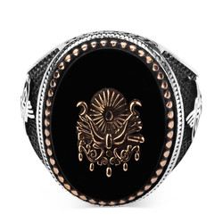 Silver Ottoman Crest Mens Ring with Black Onyx Stonework - 3