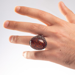 Silver Ottoman Crest Mens Ring with Large Synthetic Stonework - 5
