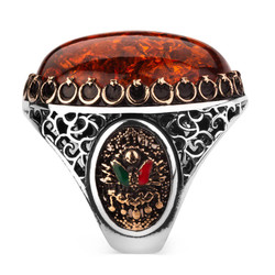 Silver Ottoman Crest Mens Ring with Large Synthetic Stonework - 3