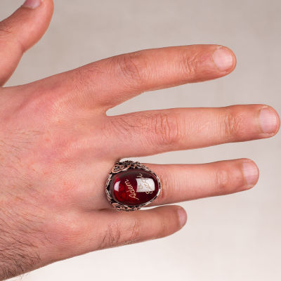 Silver Ottoman Crest Mens Ring with Synthetic Red Stonework - 4