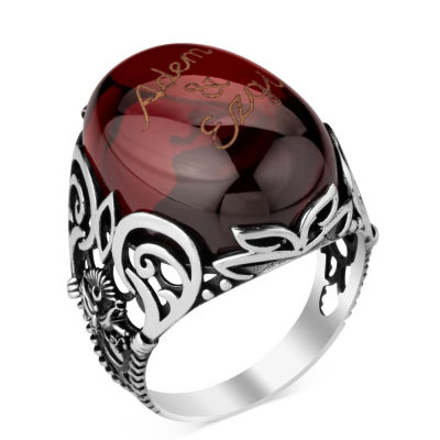 Silver Ottoman Crest Mens Ring with Synthetic Red Stonework - 1
