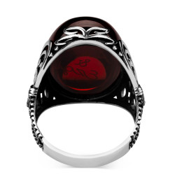 Silver Ottoman Crest Mens Ring with Synthetic Red Stonework - 3