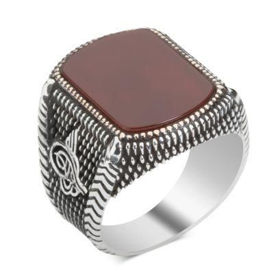 Silver Ottoman Tughra Mens Ring with Agate Stone - 1