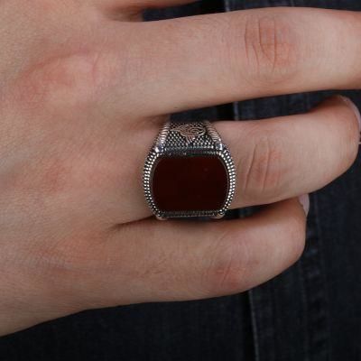 Silver Ottoman Tughra Mens Ring with Agate Stone - 2