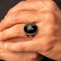 Silver Ottoman Tughra Mens Ring with Black Onyx Stonework - 5