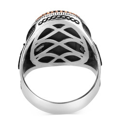 Silver Ottoman Tughra Mens Ring with Black Onyx Stonework - 4