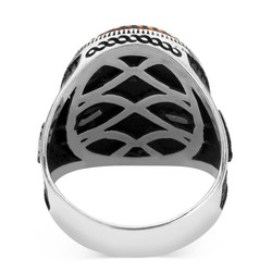 Silver Ottoman Tughra Mens Ring with Black Oval Onyx Stone - 3