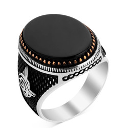 Silver Ottoman Tughra Mens Ring with Black Oval Onyx Stone - 1