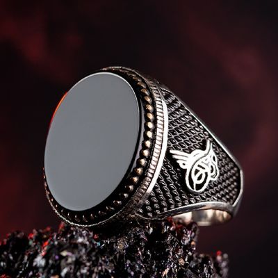 Silver Ottoman Tughra Mens Ring with Black Oval Onyx Stone - 5