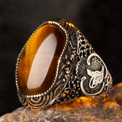 Silver Ottoman Tughra Mens Ring with Brown Tigereye Stonework - 4