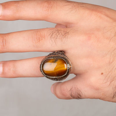 Silver Ottoman Tughra Mens Ring with Brown Tigereye Stonework - 3