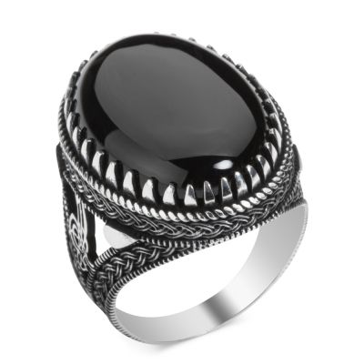 Silver Ottoman Tughra Mens Ring with Large Onyx Stone - 2