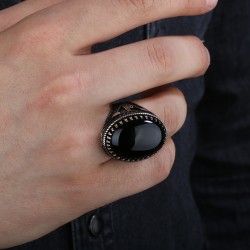 Silver Ottoman Tughra Mens Ring with Large Onyx Stone - 4