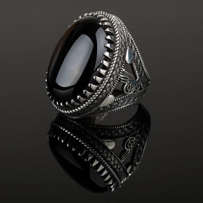 Silver Ottoman Tughra Mens Ring with Large Onyx Stone - 3