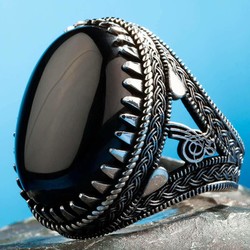 Silver Ottoman Tughra Mens Ring with Large Onyx Stone - 1