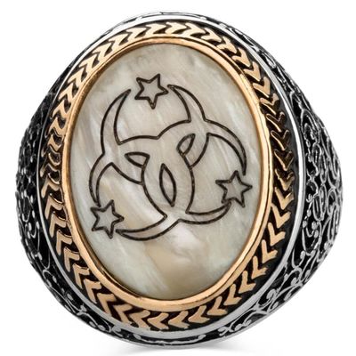 Silver Oval Mens Ring with Mother of Pearl Inlay - 2