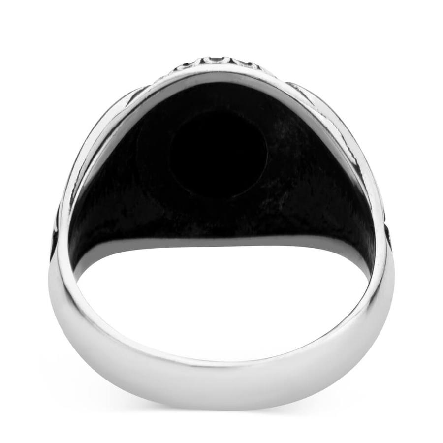 Silver Patterned Mens Ring with Onyx Stone