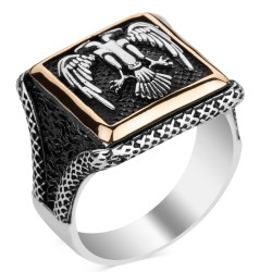 Silver Square Mens Ring with Seljuk Eagle - 1