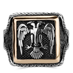 Silver Square Mens Ring with Seljuk Eagle - 2