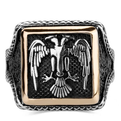 Silver Square Mens Ring with Seljuk Eagle - 2