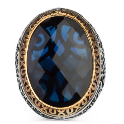 Silver Symmetrical Design Mens Ring with Blue Zircon Stone - 2