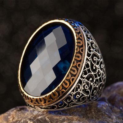 Silver Symmetrical Design Mens Ring with Blue Zircon Stone - 4
