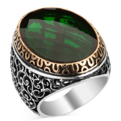 Silver Symmetrical Design Mens Ring with Green Zircon Stone 