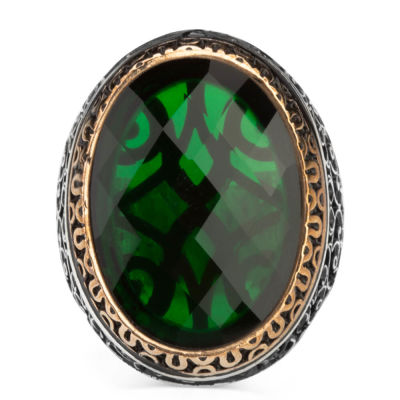 Silver Symmetrical Design Mens Ring with Green Zircon Stone - 2