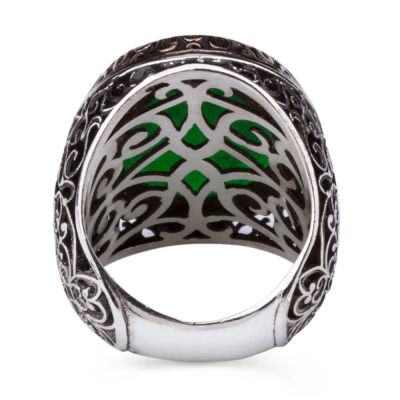 Silver Symmetrical Design Mens Ring with Green Zircon Stone - 3