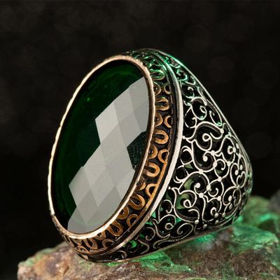 Silver Symmetrical Design Mens Ring with Green Zircon Stone - 5