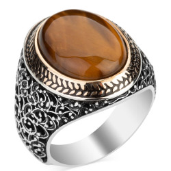 Silver Symmetrical Mens Ring with Brown Oval Tigereye Stone - 2