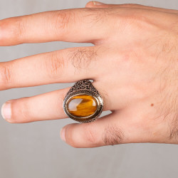 Silver Symmetrical Mens Ring with Brown Oval Tigereye Stone - 4