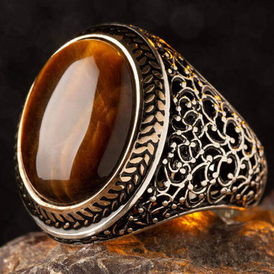 Silver Symmetrical Mens Ring with Brown Oval Tigereye Stone - 1