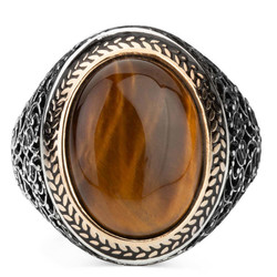 Silver Symmetrical Mens Ring with Brown Oval Tigereye Stone - 3