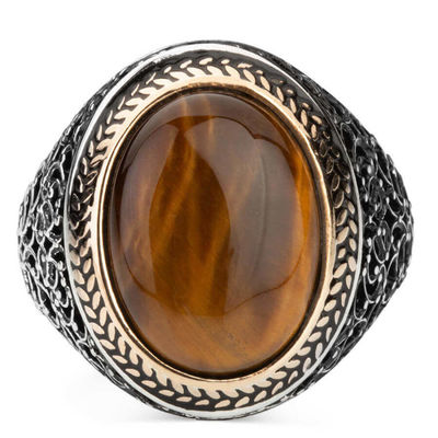 Silver Symmetrical Mens Ring with Brown Oval Tigereye Stone - 3
