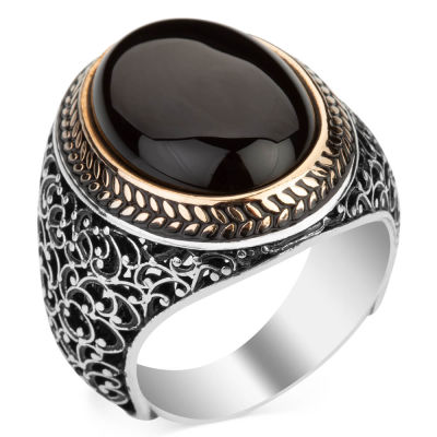 Silver Symmetrical Mens Ring with Oval Black Onyx Stone - 2