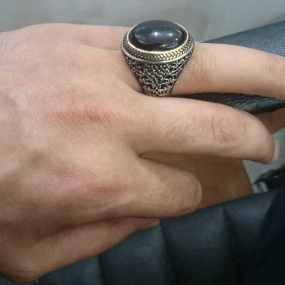 Silver Symmetrical Mens Ring with Oval Black Onyx Stone - 5