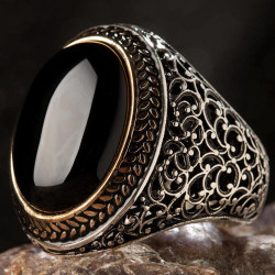 Silver Symmetrical Mens Ring with Oval Black Onyx Stone 