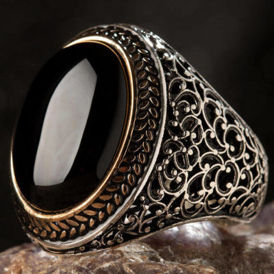 Silver Symmetrical Mens Ring with Oval Black Onyx Stone - 1