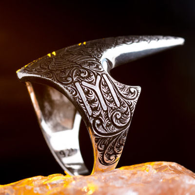 Silver Thumb Ring with Etched Eagle Motive - 4