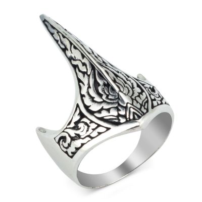 Silver Thumb Ring with Symmetrically Etched Patterns - 1