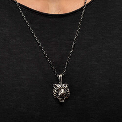 Silver Tiger Head Necklace (Thick Chain) - 3