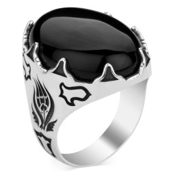 Silver Tulip Motived Mens Ring with Black Onyx Stone - 2