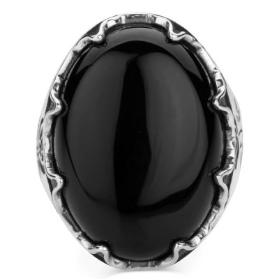 Silver Tulip Motived Mens Ring with Black Onyx Stone - 3