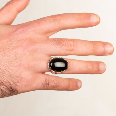 Silver Tulip Motived Mens Ring with Black Onyx Stone - 4