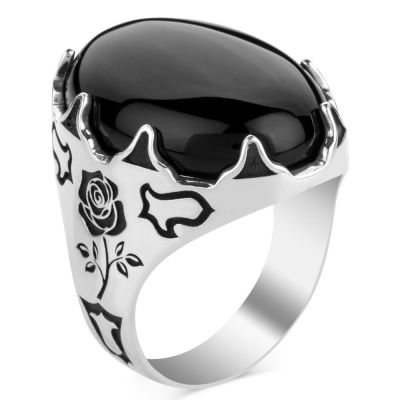 Silver Tulip Motived Mens Ring with Black Onyx Stone - 1