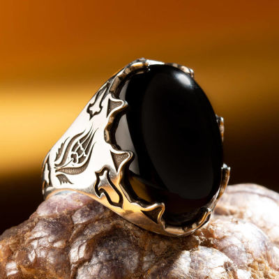 Silver Tulip Motived Mens Ring with Black Onyx Stone - 5